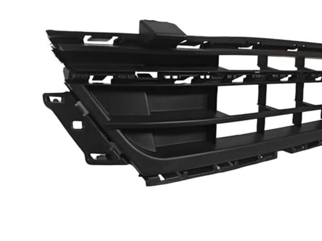 Front lower bumper grille, black plastic with grid backing and diagonal side supports