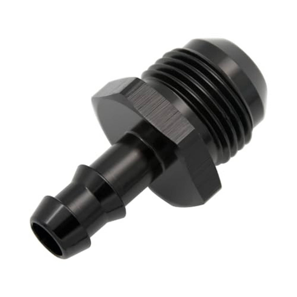 Black 10AN male to 3/8" push hose barb fitting, side view of threads and barb