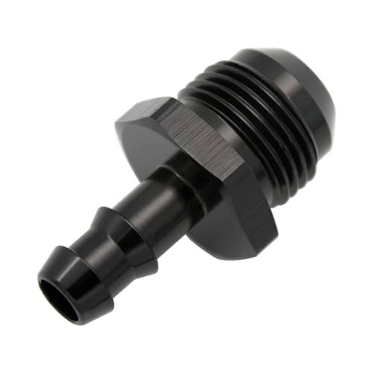 Black 10AN male to 3/8" push hose barb fitting, side view of threads and barb