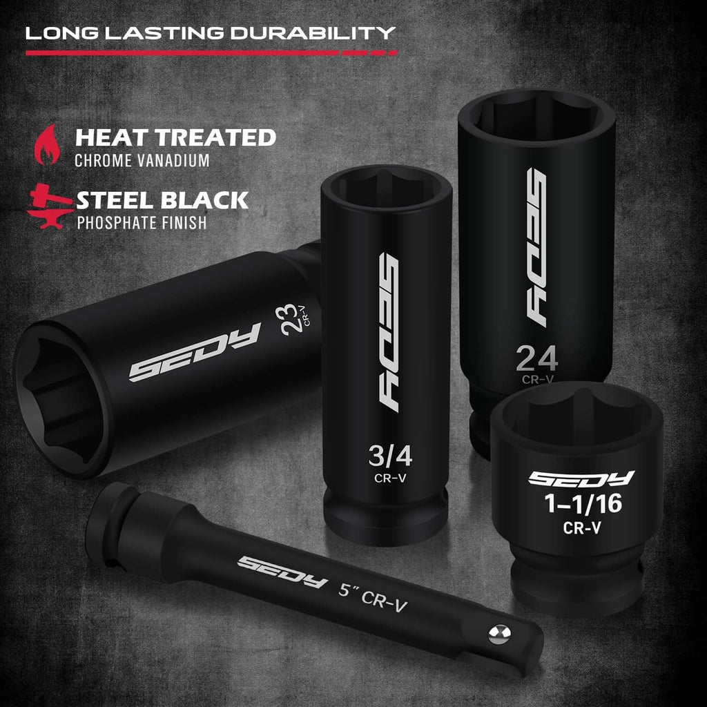 Black impact sockets with heat-treated steel and stamped sizes, including 3/4 and 1-1/16