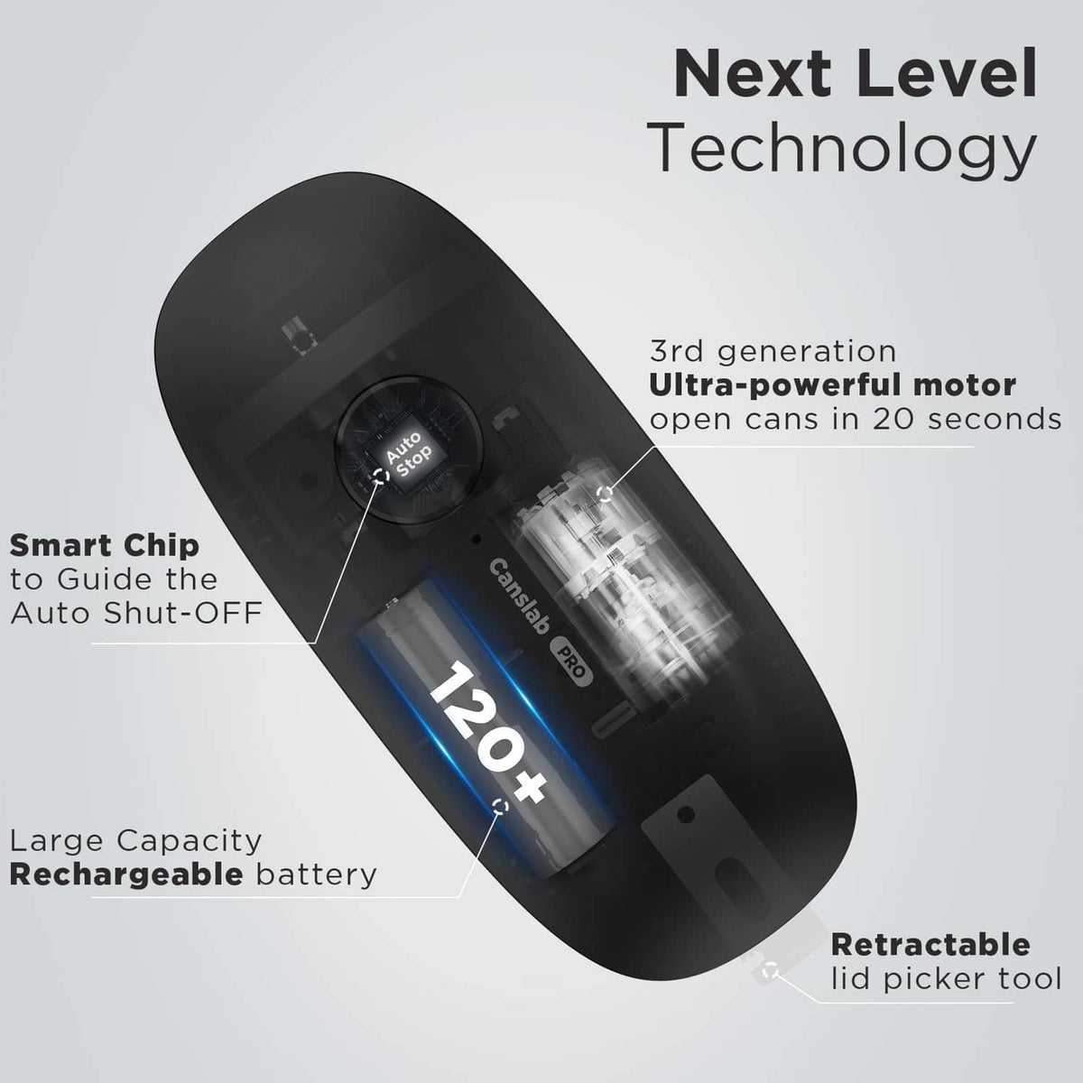 Black electric can opener with auto shut-off control and blue power indicator