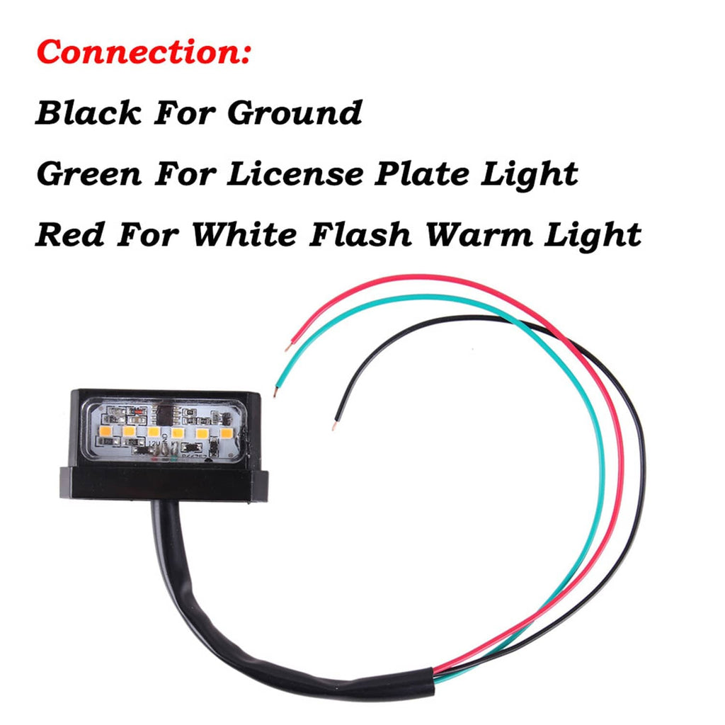 LED license plate light with connector wires (black, green, red) for tail light