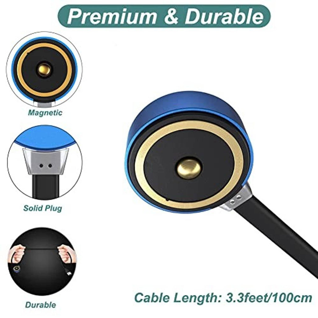 Magnetic charging puck with blue ring and black cable with USB plug