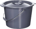 Dark blue plastic commode bucket with lid and side handle, round top with center knob
