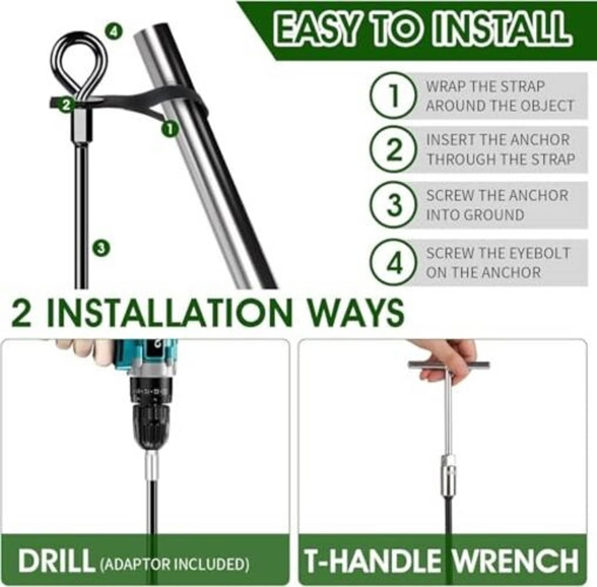 Ground anchor installation diagram showing strap use with drill or T-handle wrench