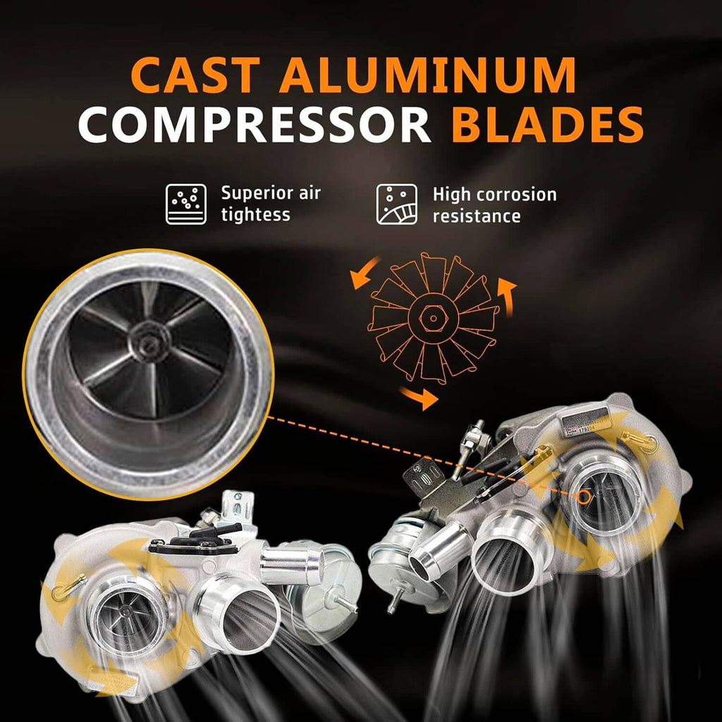 Cast-aluminum turbocharger with visible compressor wheel and intake/exhaust openings