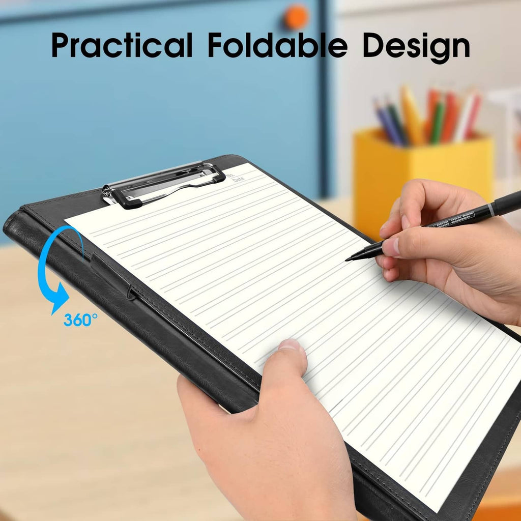 Black faux leather foldable clipboard binder with lined paper