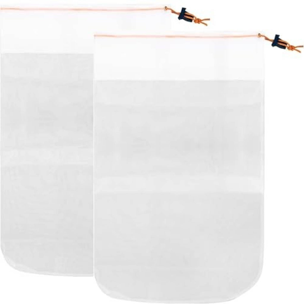 Pair of white pool vacuum fine debris bags with orange drawstring cords and open tops.