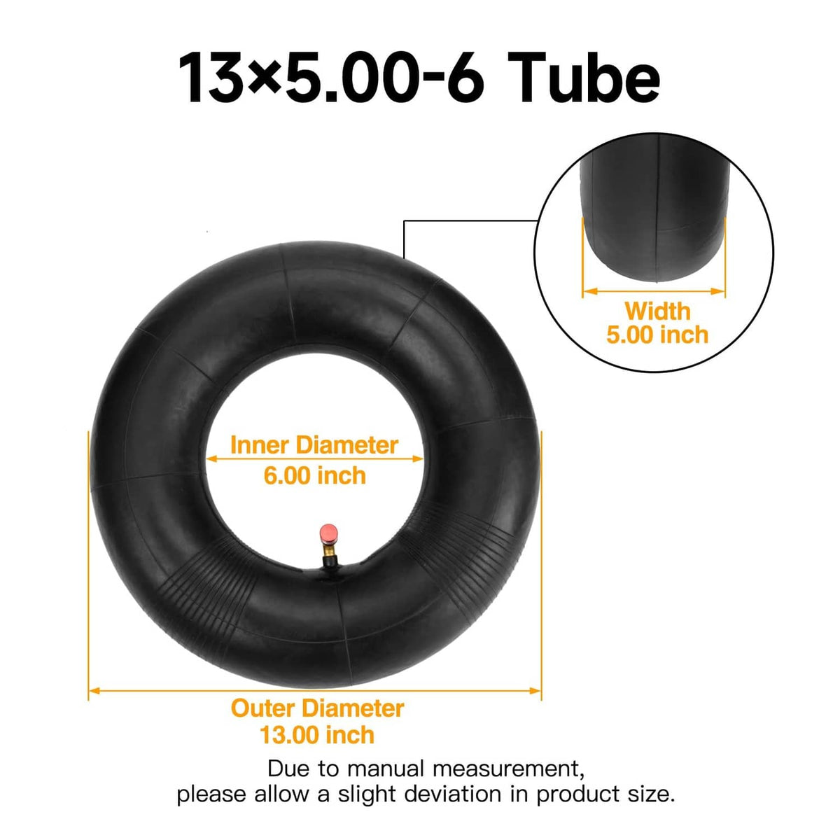 Black inner tube showing inner and outer diameter measurements for 13x5.00-6.