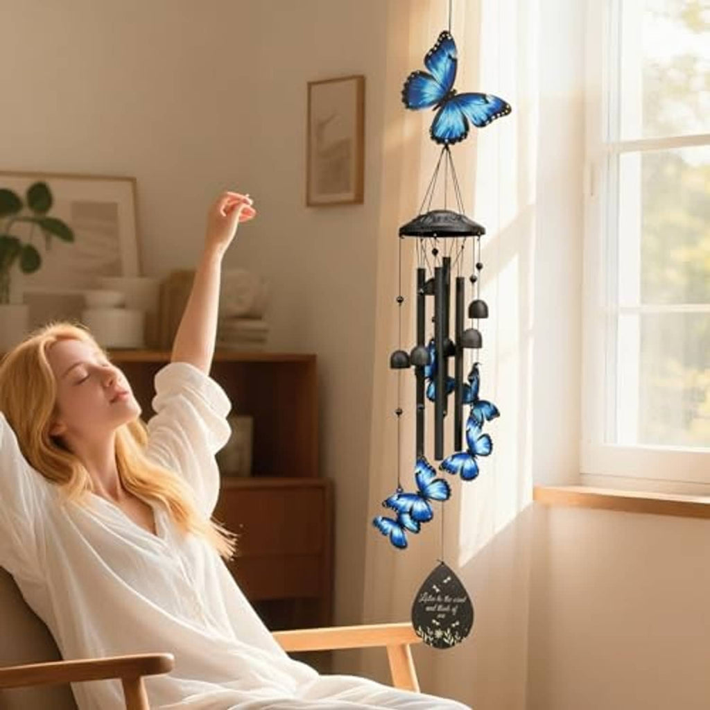 Blue butterfly outdoor wind chime with black tubes and hanging keepsake tag