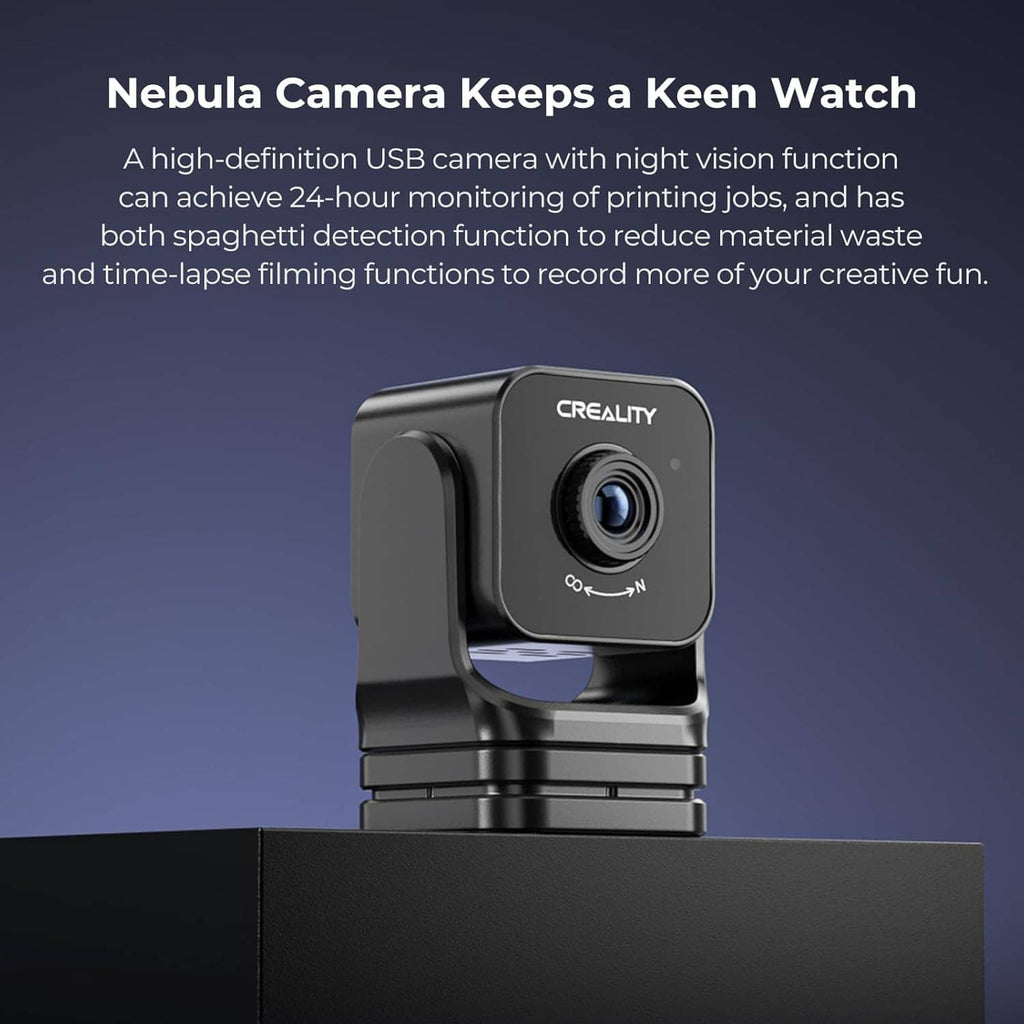 Nebula Camera in matte black with lens and base stand on a shelf