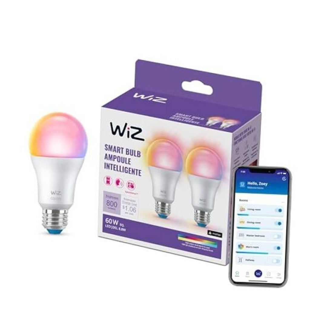 WiZ smart A19 LED bulb in retail packaging, with smartphone app display