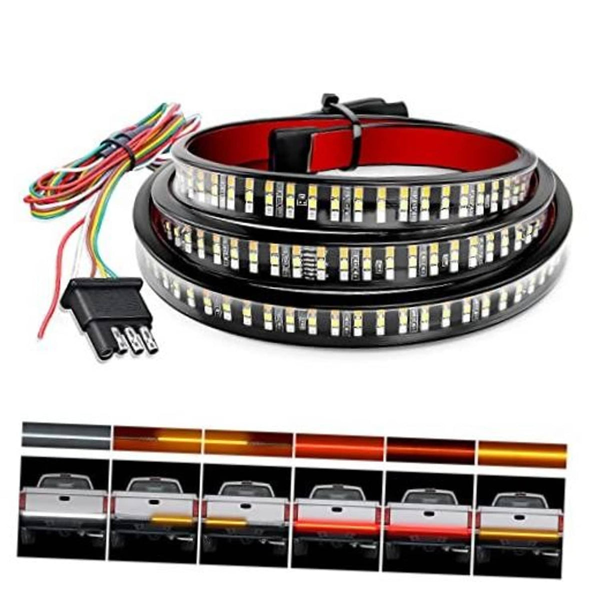 48-inch LED tailgate light strip with triple-row round housing and multi-color wiring leads