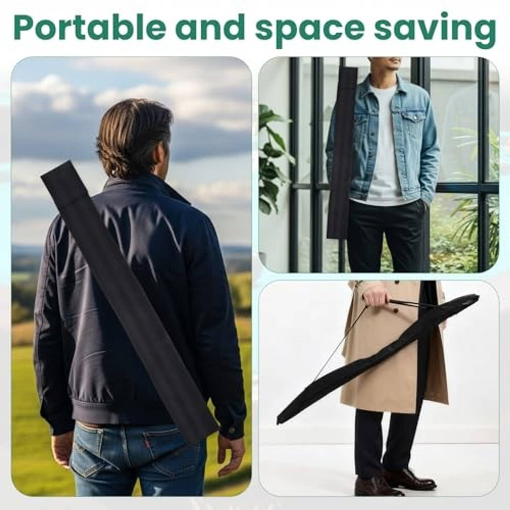 Black billiard cue case carried on the shoulder; compact folded design for portable storage