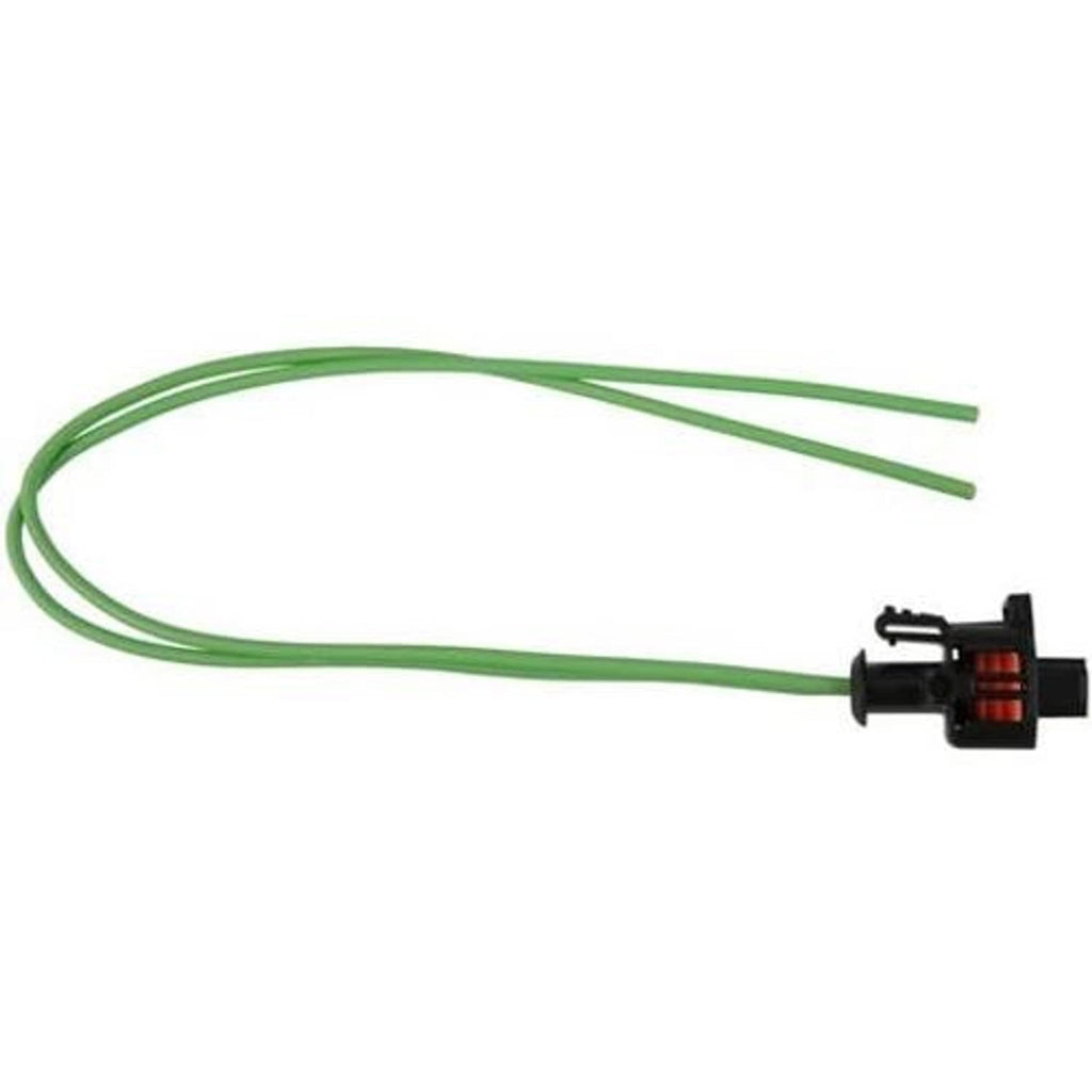 Vehicle wiring pigtail with green wire leads and black connector plug
