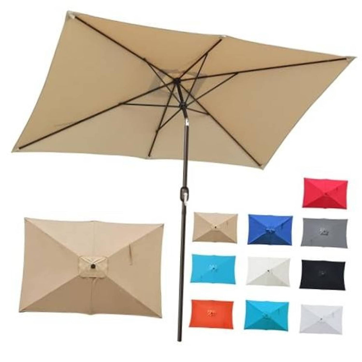 Tan rectangular patio umbrella with black rib frame and center tilt pole