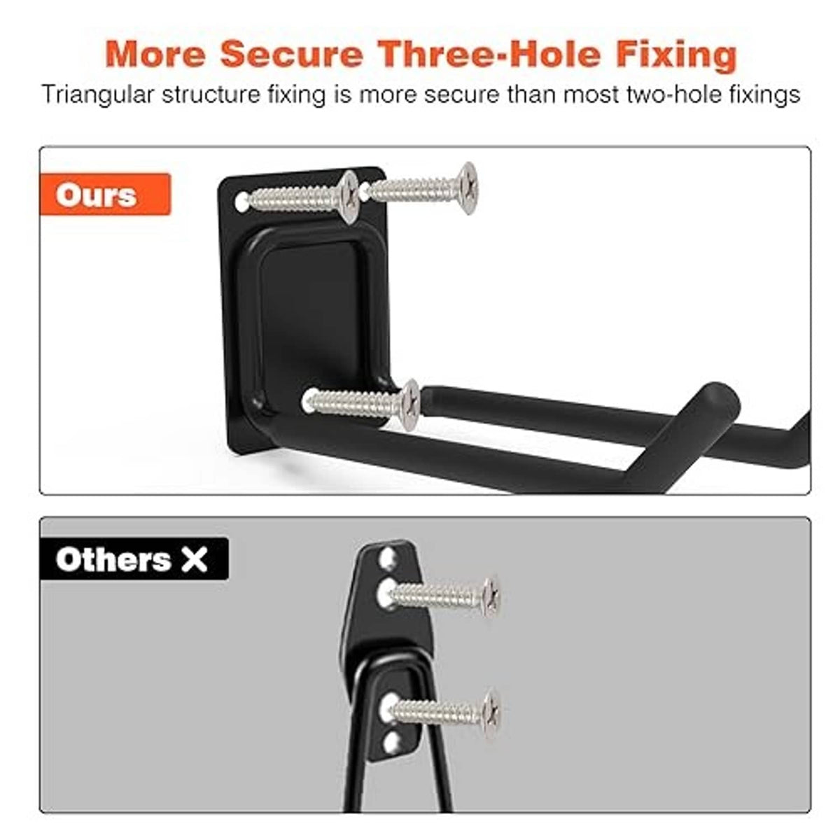 Black wall hook with screws showing three-hole mounting for secure fixing