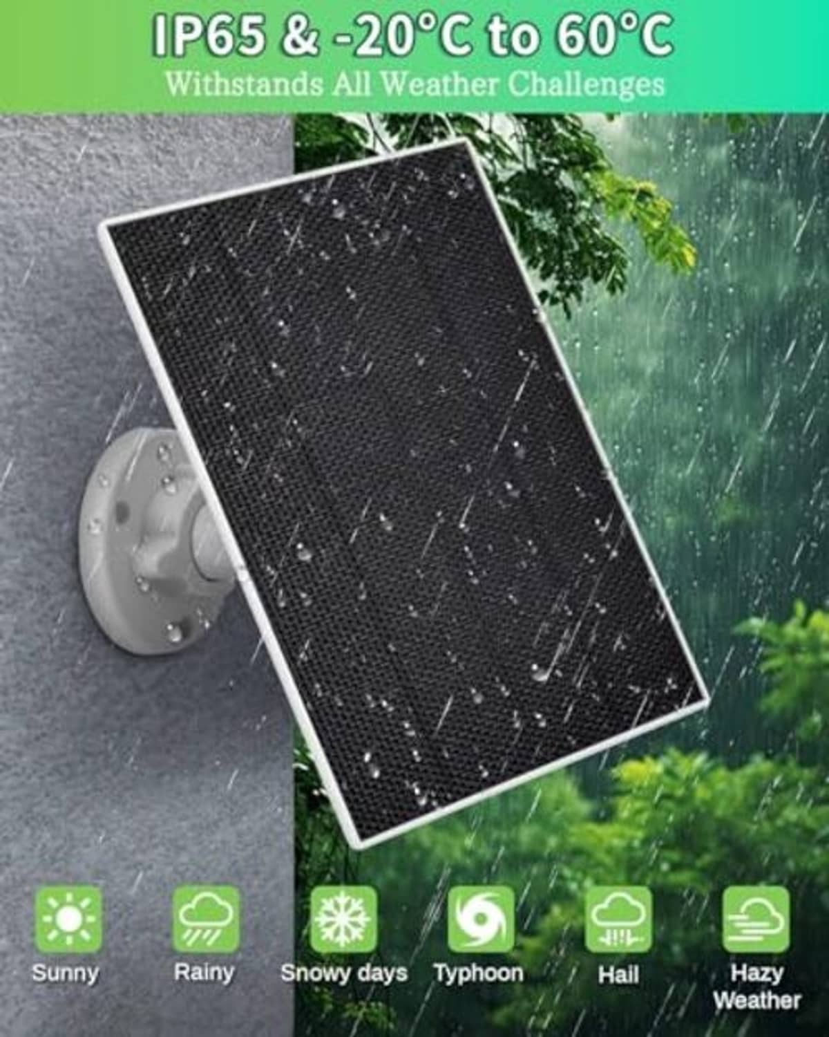 Black solar panel on wall mount with raindrops for weather-resistant use