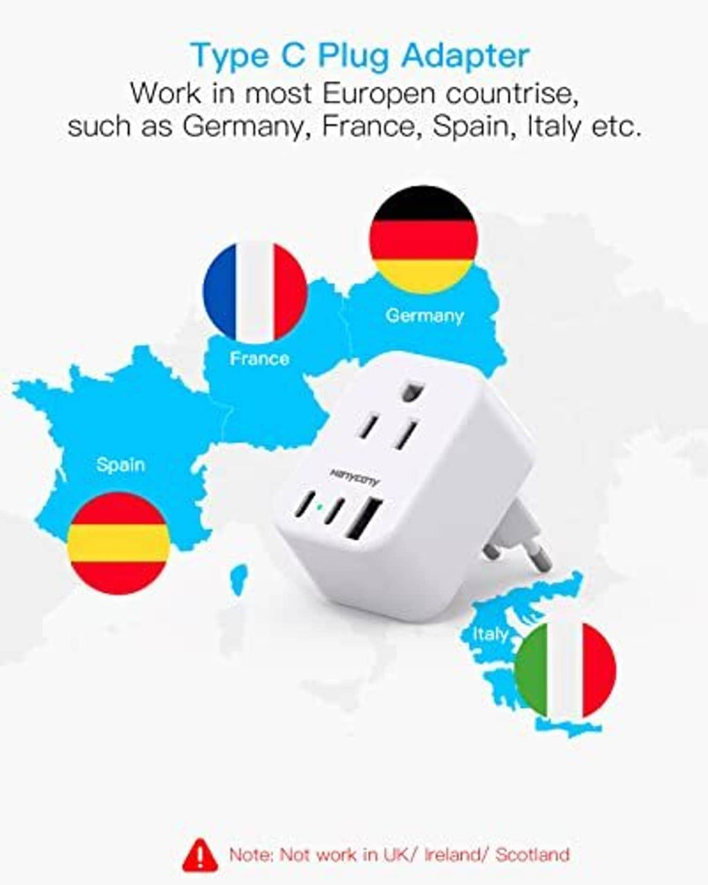 White Type C plug adapter with prongs for European outlets, small cube shape