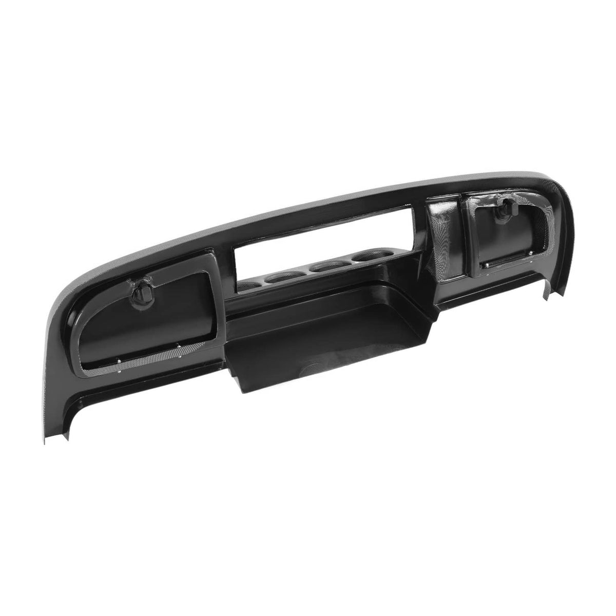 Dark dashboard dash cover underside with molded recesses and bracket openings