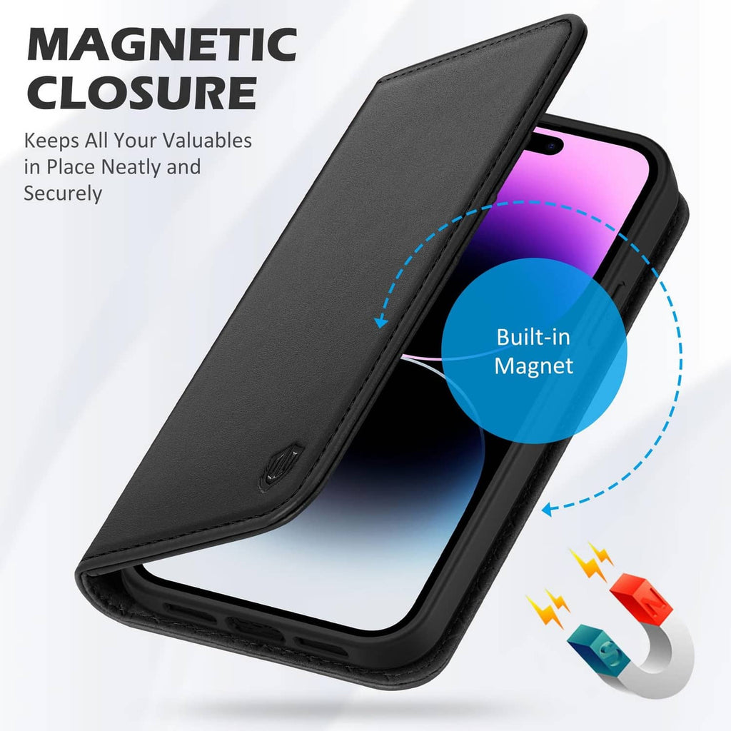 Black leather phone wallet case with magnetic closure and secured front flap