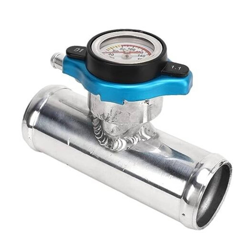 Radiator coolant filler neck with blue cap and dial thermometer on chrome pipe