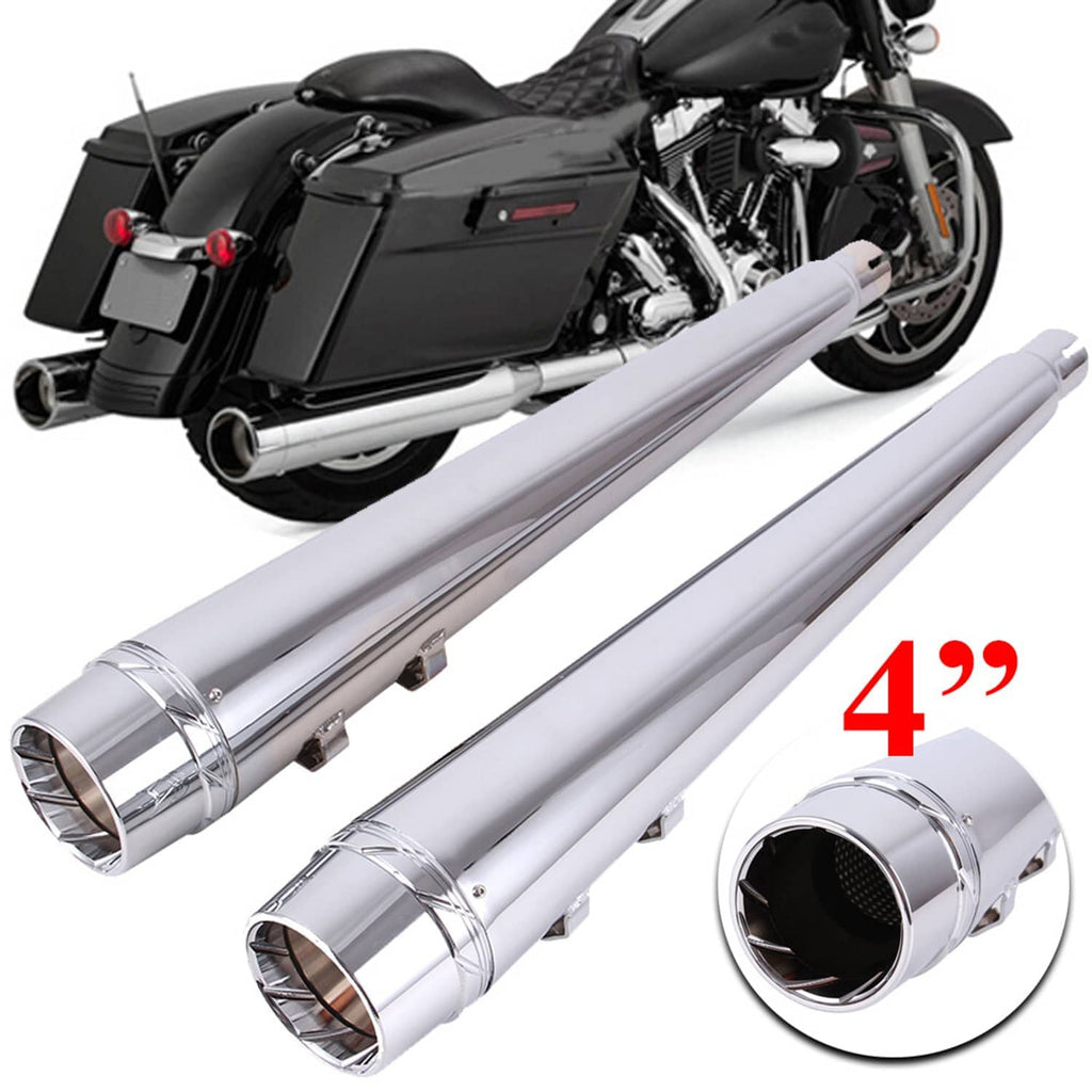 Chrome slip-on exhaust mufflers with large round outlets and clamp mounting points