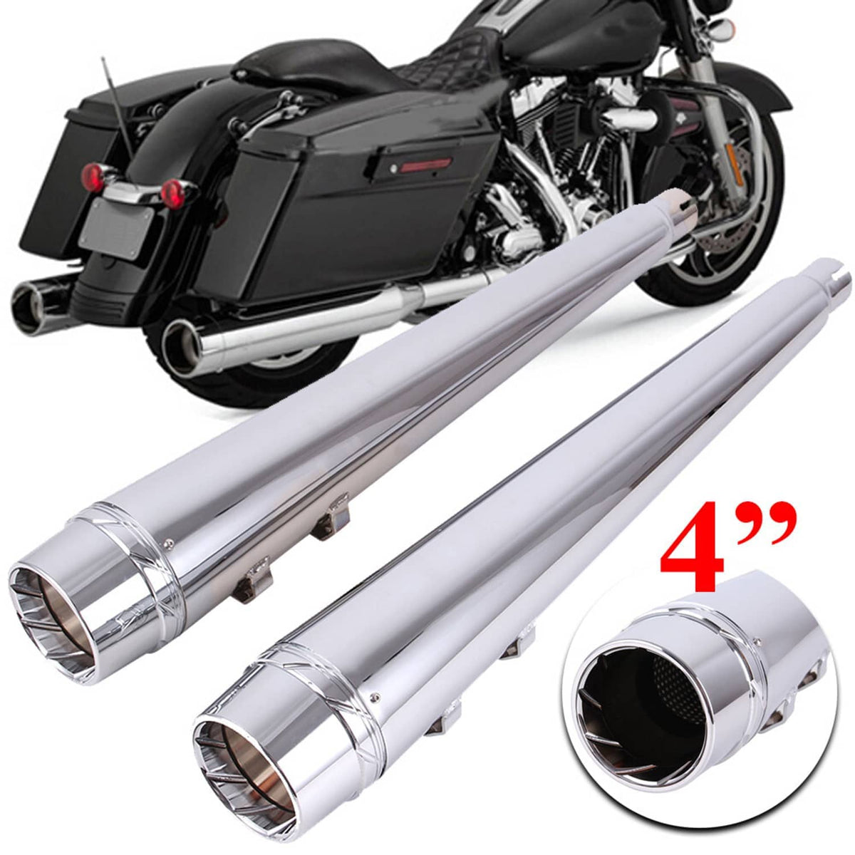 Chrome slip-on exhaust mufflers with large round outlets and clamp mounting points