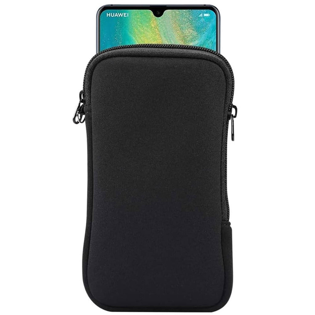 Black shockproof neoprene phone pouch sleeve with front zip and carry loops