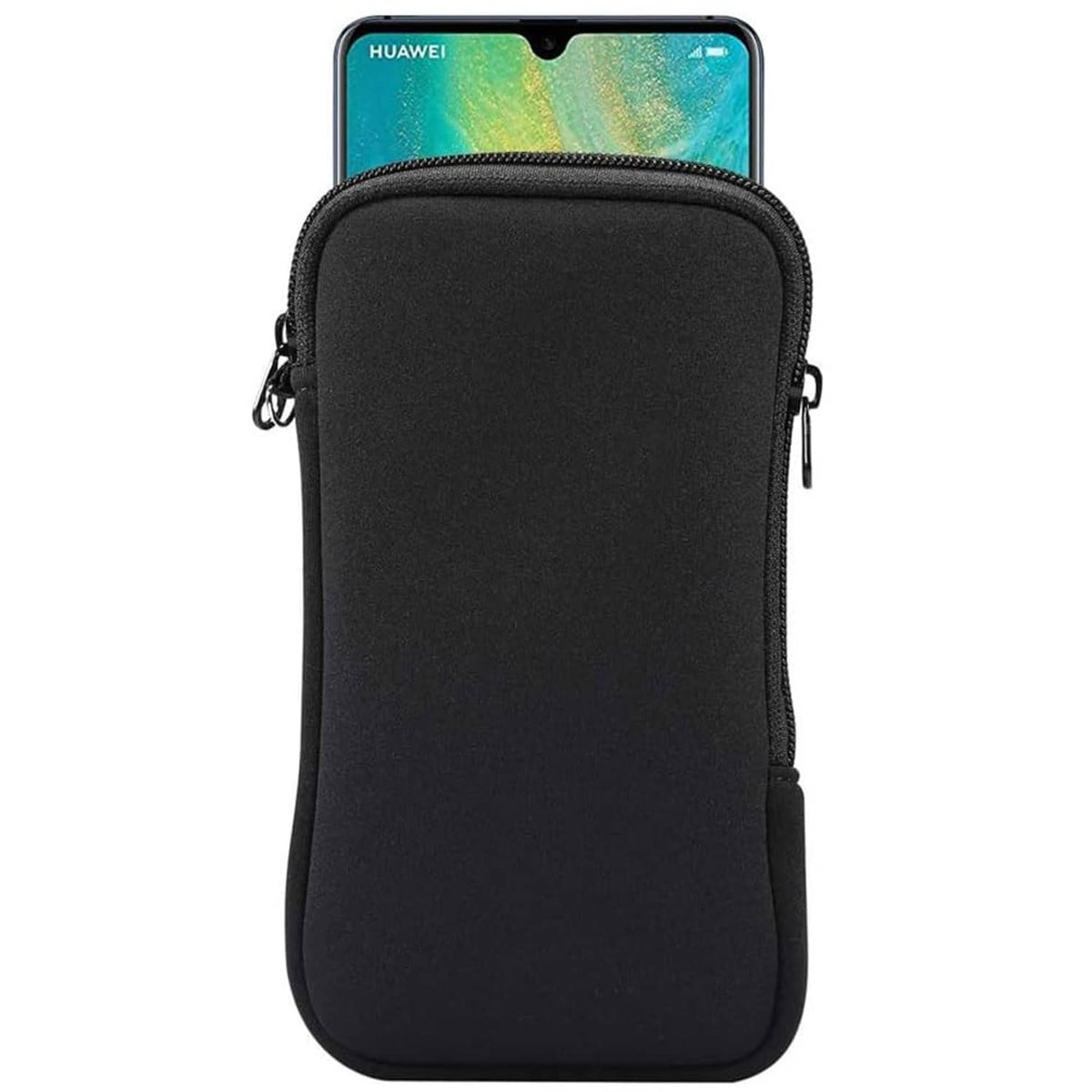 Black shockproof neoprene phone pouch sleeve with front zip and carry loops