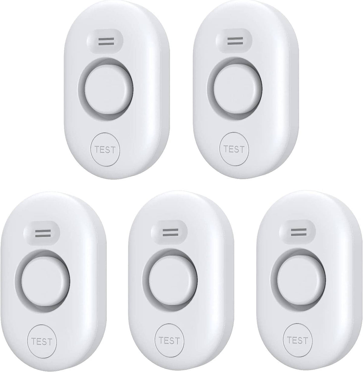 White water leak detectors, 5-pack, each with test button and circular sensor