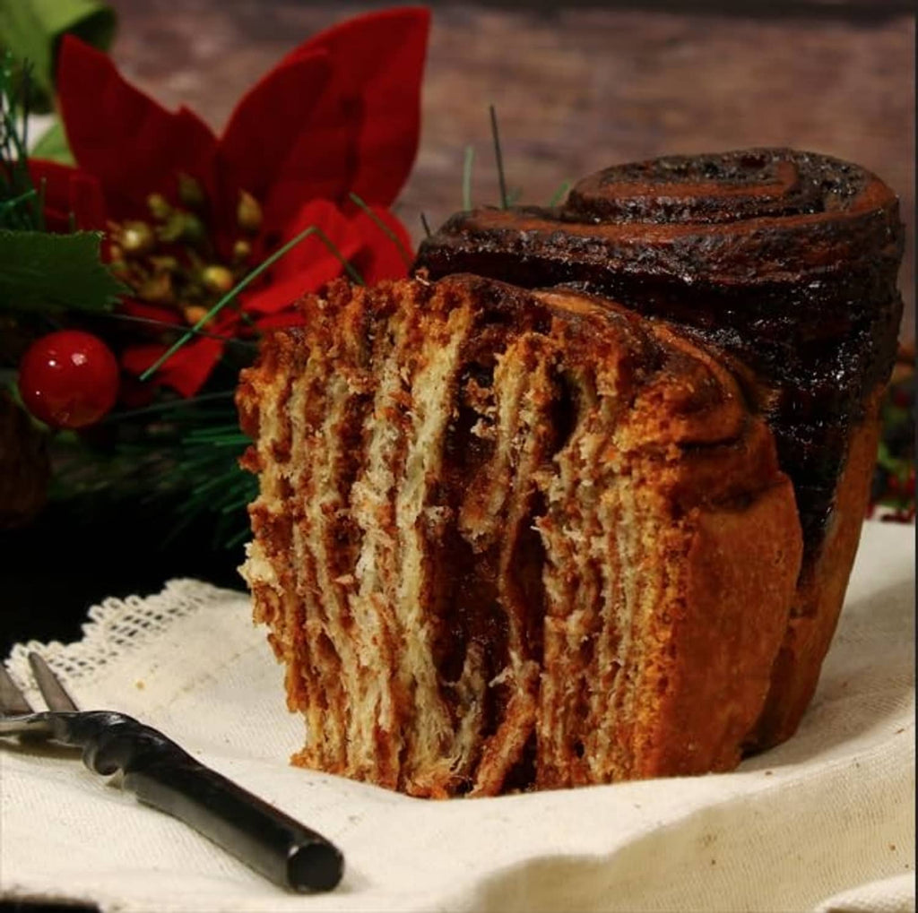 Chocolate and cinnamon babka cake slice with visible layered crumb