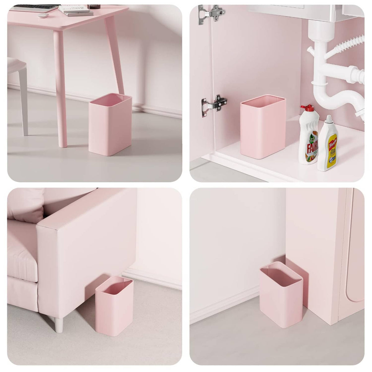 Pink small trash can placed in bathroom spaces, including under-sink area