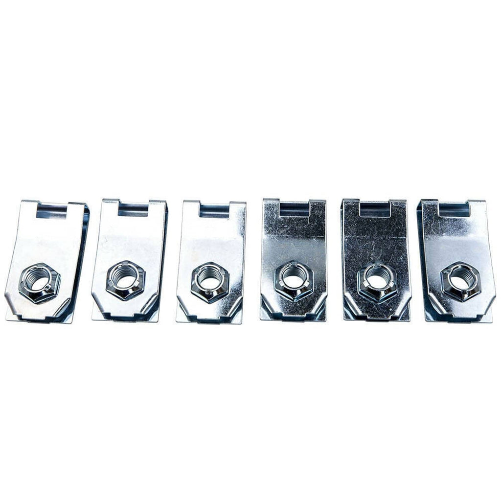 Row of steel U-clips with hex nuts for truck bed mounting hardware