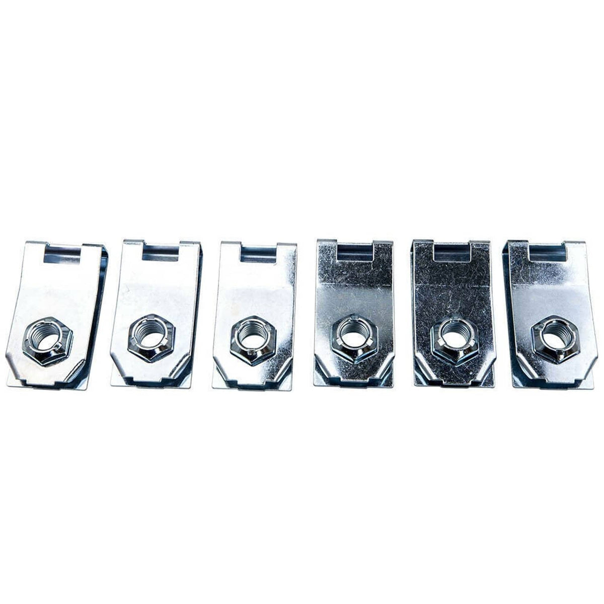 Row of steel U-clips with hex nuts for truck bed mounting hardware