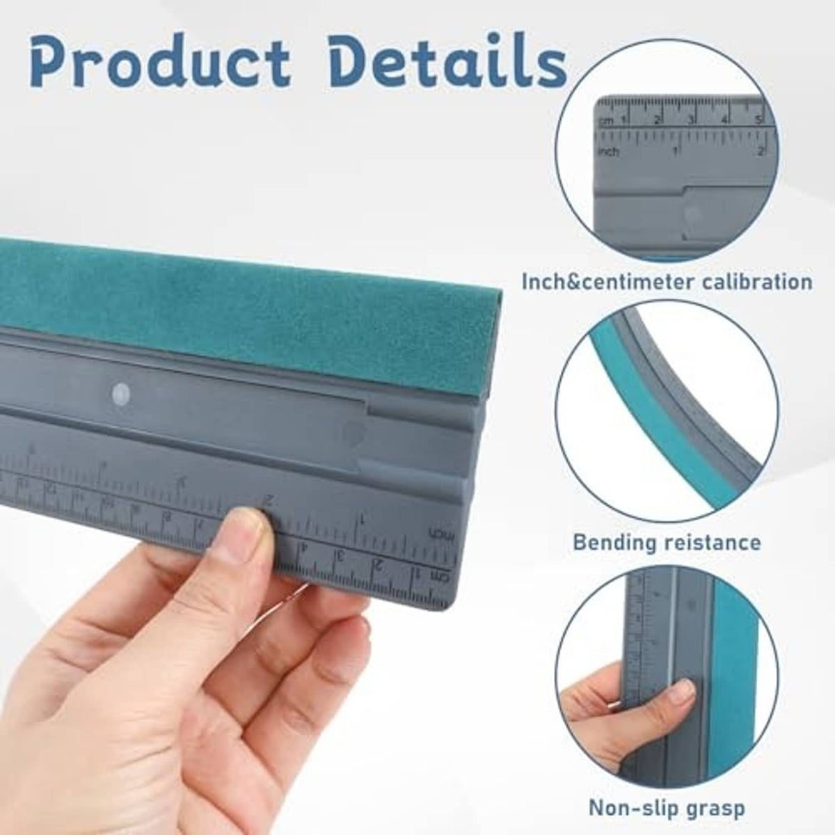 Vinyl squeegee with gray ruler, teal microfiber felt edge, and non-slip grip detail