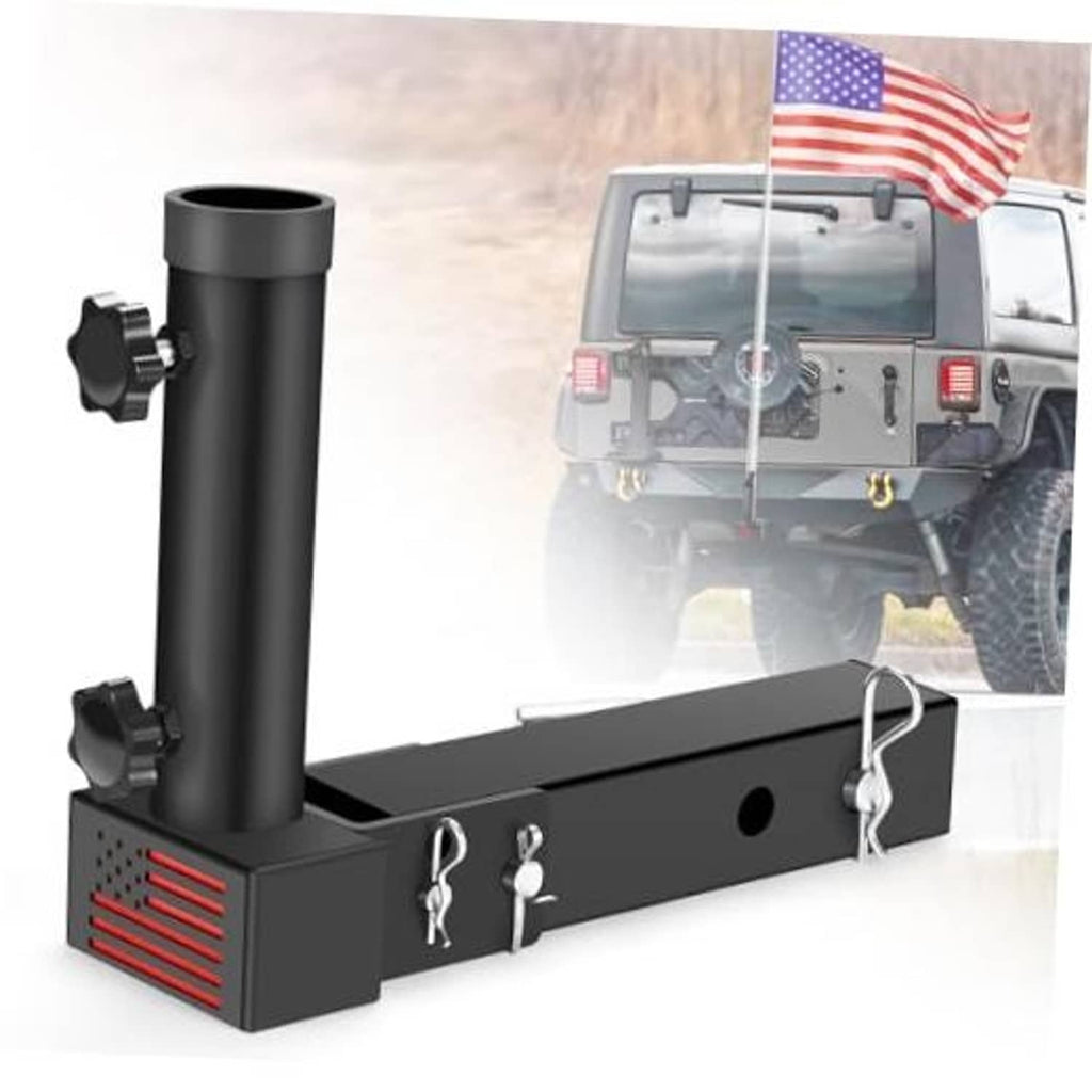 Black trailer hitch flagpole mount with upright pole receiver and side clamps