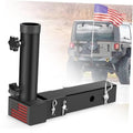 Black trailer hitch flagpole mount with upright pole receiver and side clamps
