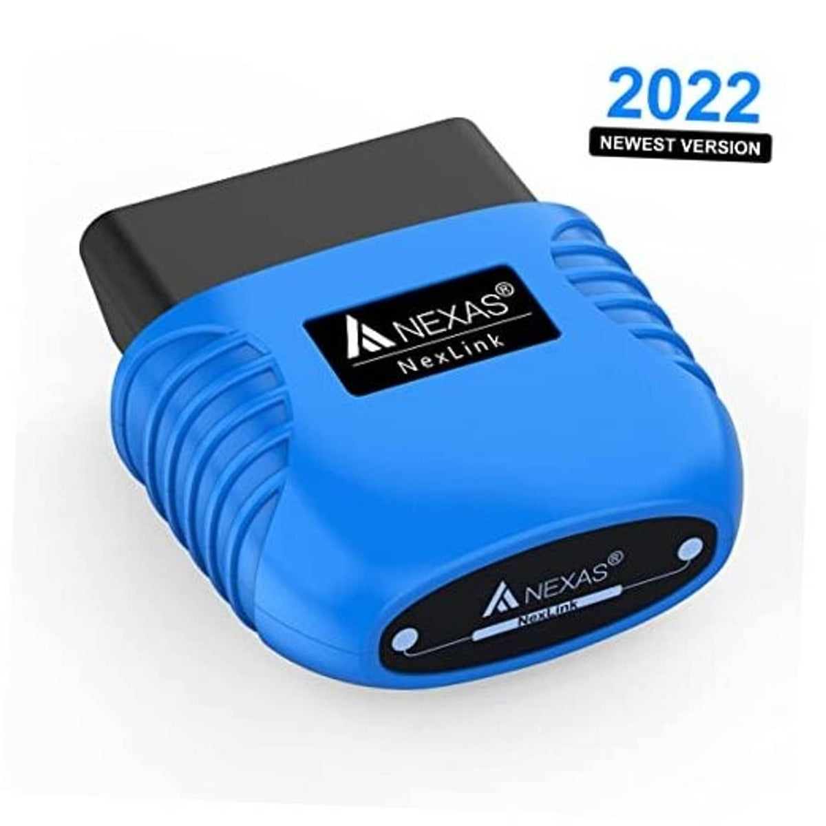 Blue Nexlink Bluetooth OBD2 code scanner with connector tip, angled view.