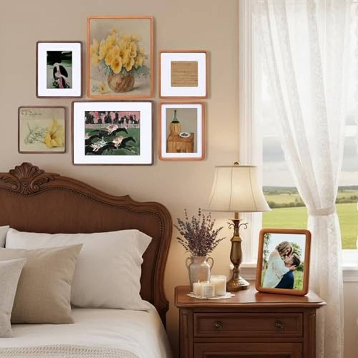Walnut picture frame with rounded corners on dresser, standing portrait photo