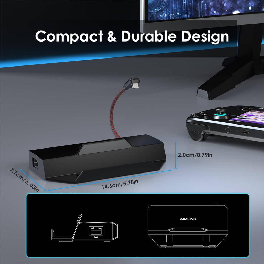 Compact black docking station with red Type-C cable and side ports
