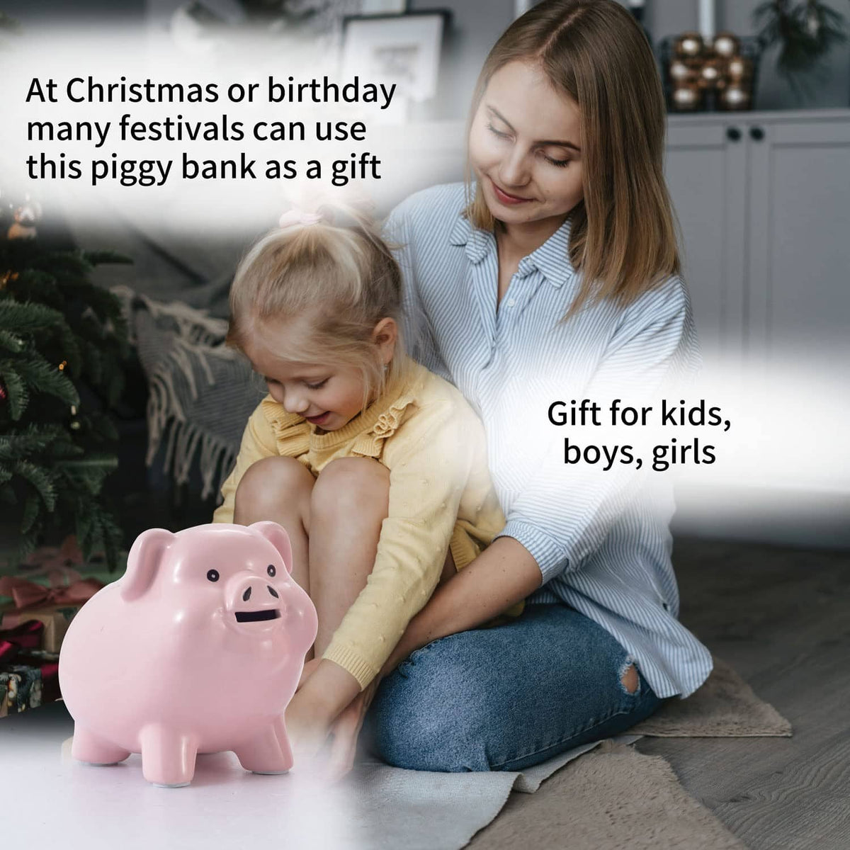 Pink ceramic piggy bank with smiling face and rounded body
