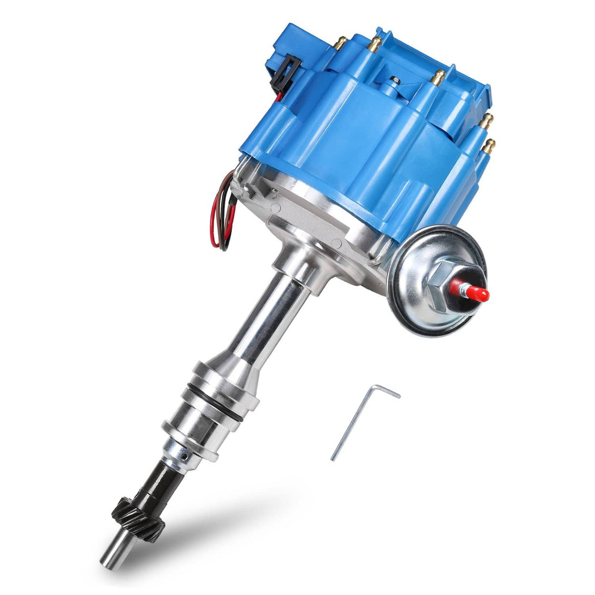 Blue HEI ignition distributor module with vacuum advance and red/black wires