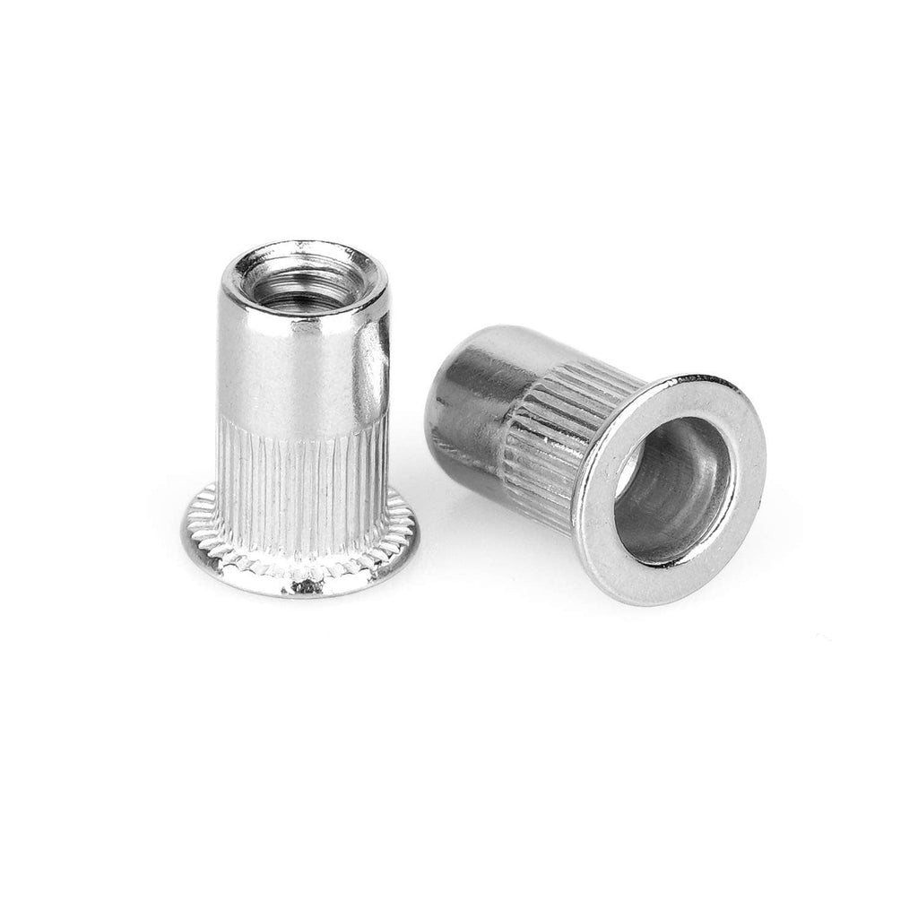 Two stainless steel 1/4"-20 rivet nuts with knurled body and internal thread