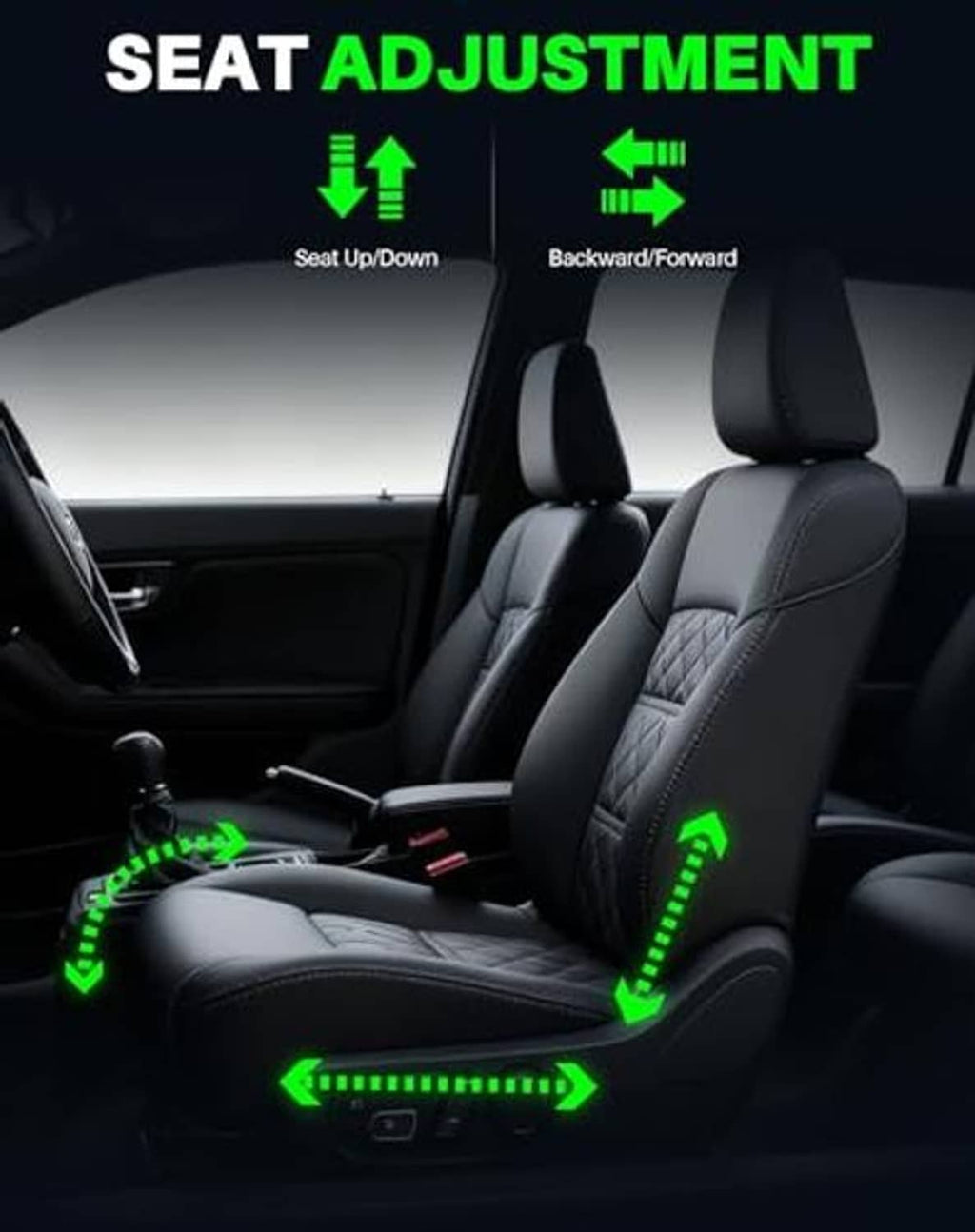 Power seat adjustment graphic with illuminated arrows on front seats