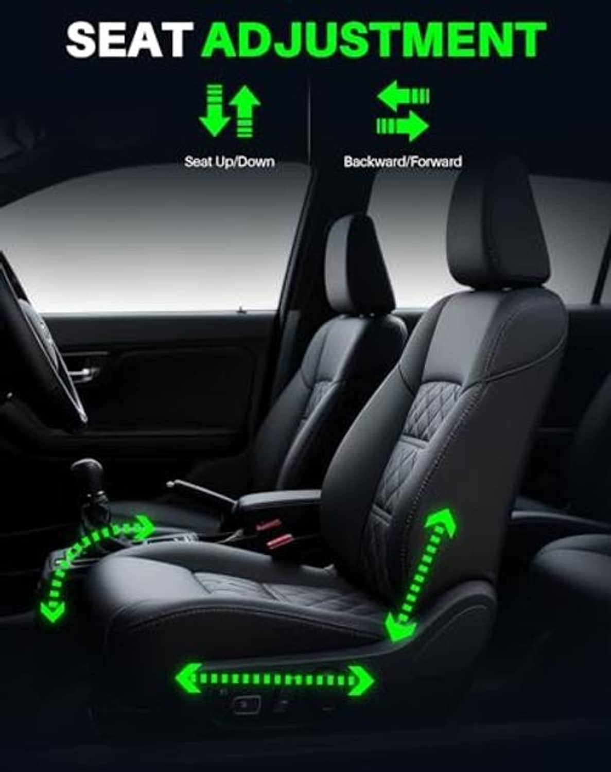 Power seat adjustment graphic with illuminated arrows on front seats