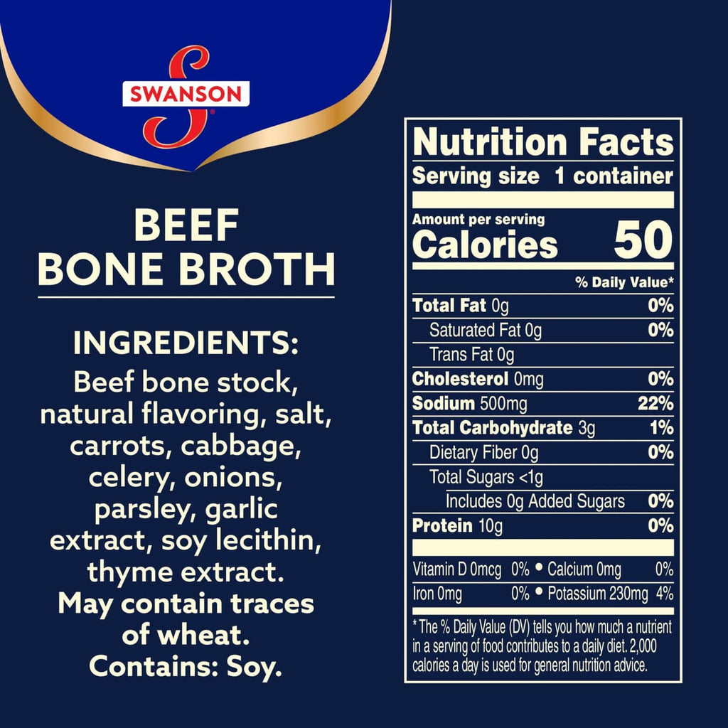 Beef bone broth label with ingredients list and nutrition facts panel