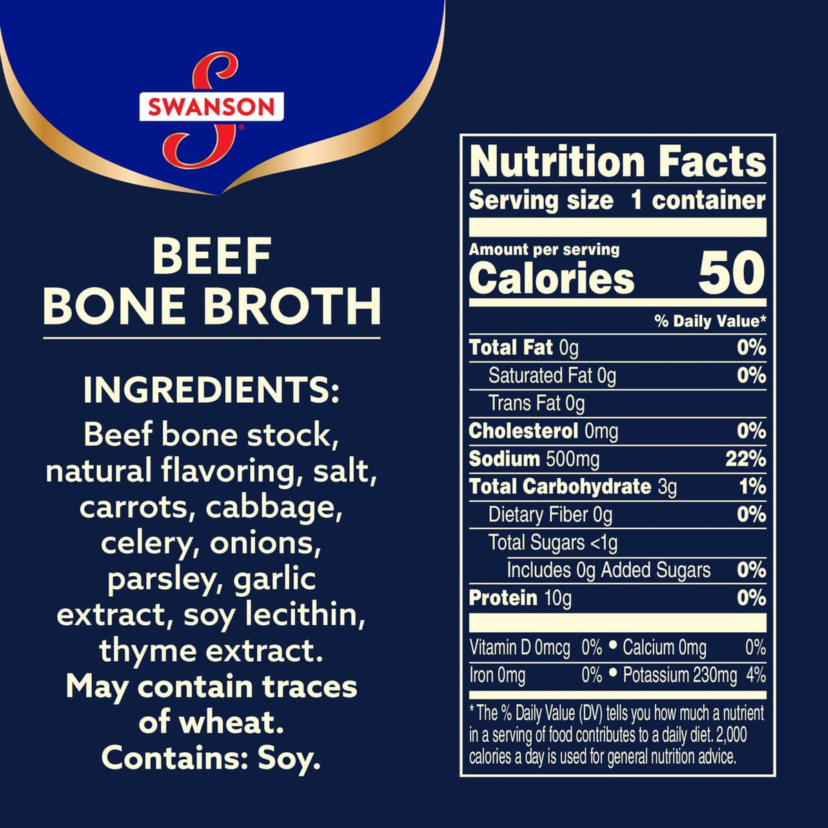 Beef bone broth label with ingredients list and nutrition facts panel