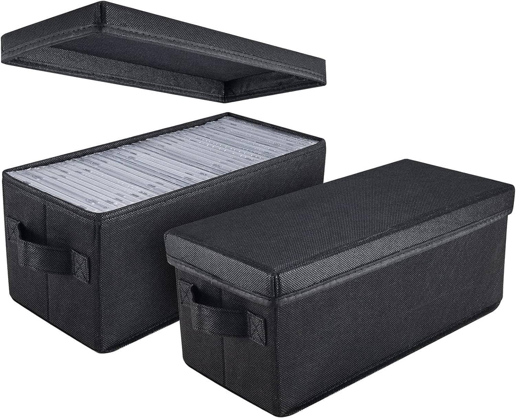 Set of 2 black fabric CD storage boxes with hinged lids and side handle pockets
