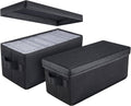 Set of 2 black fabric CD storage boxes with hinged lids and side handle pockets